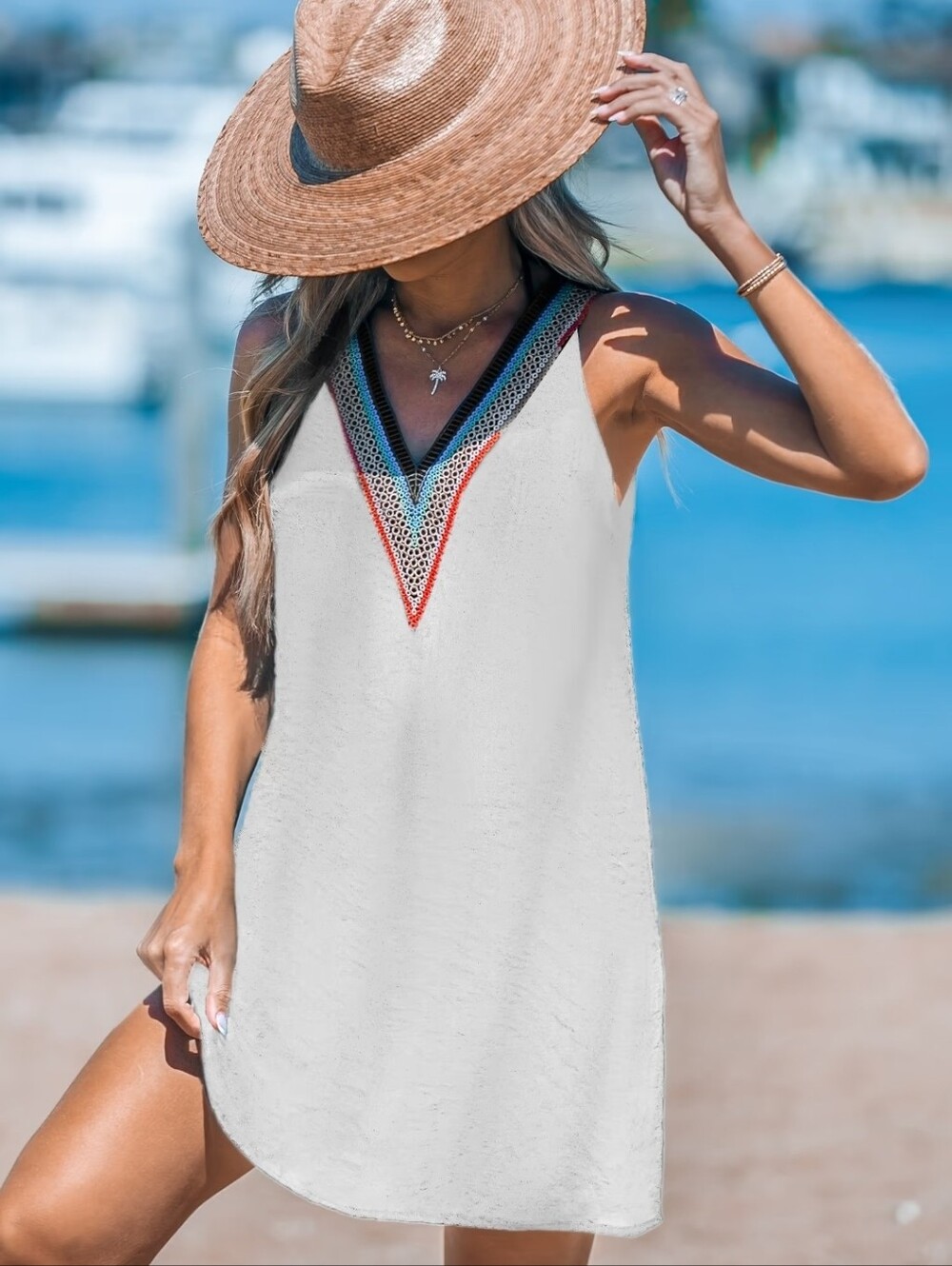 Women’s White Beach Cover-Up Dress with Multicolor V-Neck Trim